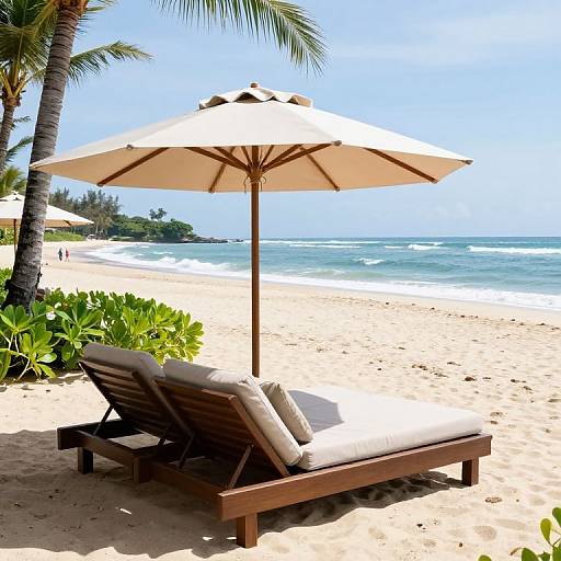 Photograph of a sunny beach with a wooden lounge chair under a large white umbrella, surrounded by green plants and palm trees, overlooking the blue ocean.