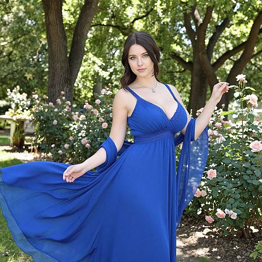 Photograph of a fair-skinned woman with dark hair in a flowing, deep blue dress, standing in a sunlit garden with blooming roses and