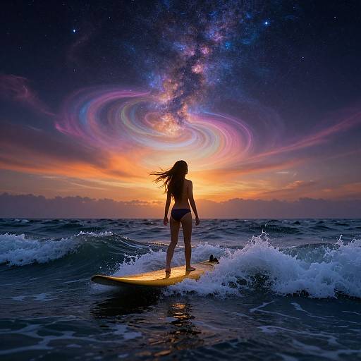 Silhouetted woman surfing yellow board at sunset, with swirling cosmic galaxy in sky above turbulent ocean waves. Digital art.