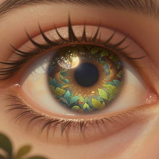 Close-up digital artwork of a human eye with a vibrant, multicolored iris featuring green leaves and a sun reflection. Realistic textures and detailed eyel
