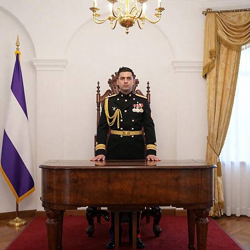 Military Man at Ornate Piano Display