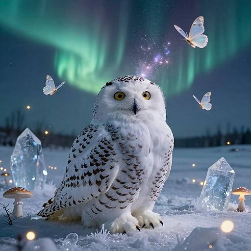 Snowy Owl Double-Exposure Dreamscape of Aurora