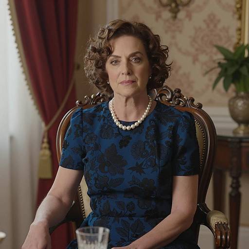 Woman in Blue Floral Dress with Pearl Necklace Sitting Indoors