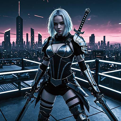 Futuristic Space Punk Gladiator Woman on Rooftop