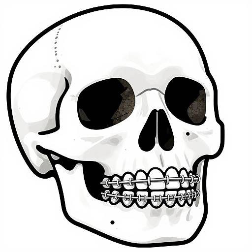 Black and white digital drawing of a skull with detailed teeth, bold outlines, and stark shadows, emphasizing a graphic, minimalist style.