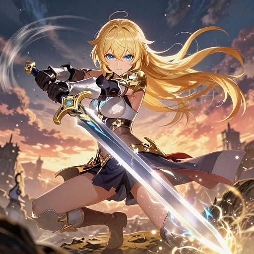 Digital anime artwork: Blonde warrior woman with blue eyes, wielding glowing sword, in sunset sky, wearing armored dress and black gloves.
