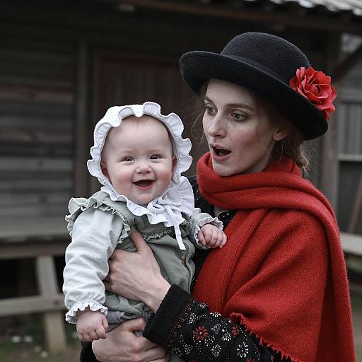 Woman Holding Smiling Baby in Rustic Outdoor Setting