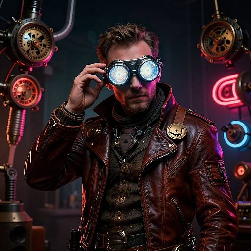 Photorealistic digital artwork of a bearded man in a brown leather jacket, adjusting glowing goggles, surrounded by steampunk machinery and neon lights.