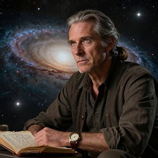 Photograph of a silver-haired man with a serious expression, wearing a black shirt, reading an open book against a galaxy backdrop.