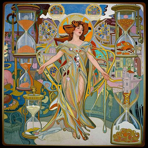 Vibrant, Art Nouveau-style digital illustration of a winged woman in an ornate, flowing dress, surrounded by giant hourglasses,