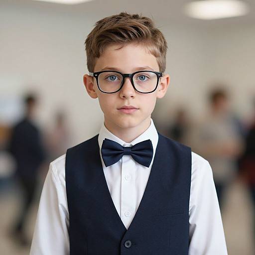 Photograph of a young boy with light brown hair, blue eyes, and black-rimmed glasses, wearing a black bow tie and vest over a