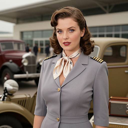 Photograph-style CGI of a 1940s-style brunette woman with blue eyes, wearing a grey military-style jacket with black stripes, white scarf,