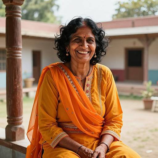 Photograph of an elderly Indian woman with curly black hair, wearing an orange saree with gold embroidery, smiling outdoors on a porch.