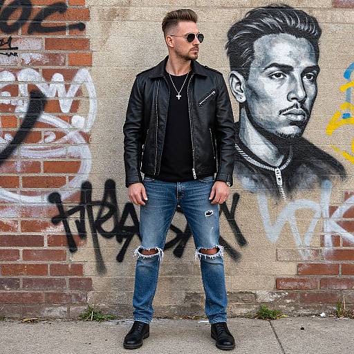 Photograph of a stylish man with short brown hair, sunglasses, black leather jacket, black shirt, ripped jeans, and black boots, standing in front