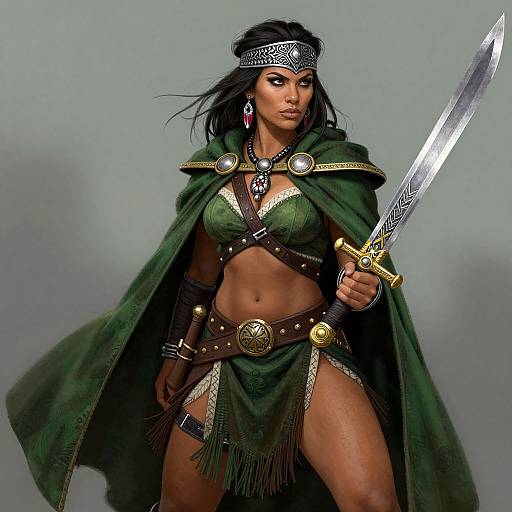 Digital art of a fierce, dark-haired warrior woman in green armor, holding a silver sword, with a confident stance.