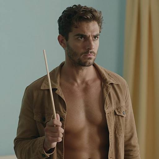 Shirtless man with intense expression holding stick