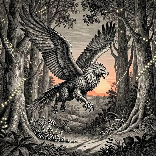 Black-and-white digital drawing of a majestic, detailed gryphon with outstretched wings flying through a magical forest at sunset, surrounded by twinkling
