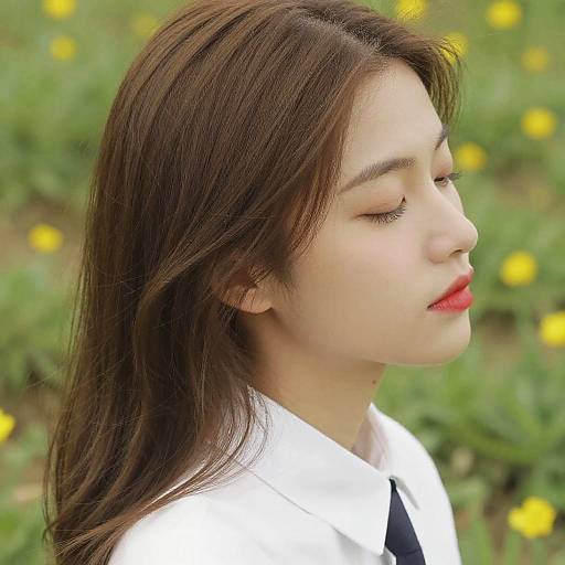 Photograph of an Asian woman with long brown hair, closed eyes, red lipstick, white shirt, against a blurred green field with yellow flowers.