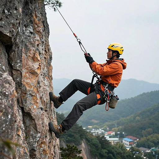 Photograph of a rock climber in an orange jacket, yellow helmet, and black pants, scaling a rugged cliffside with a harness and rope.