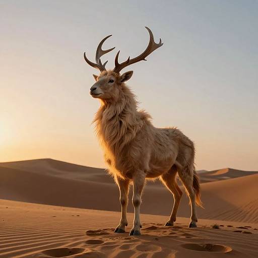 Photograph of a majestic, brown-furred deer with large antlers standing in a golden desert at sunset, with rolling sand dunes in the background