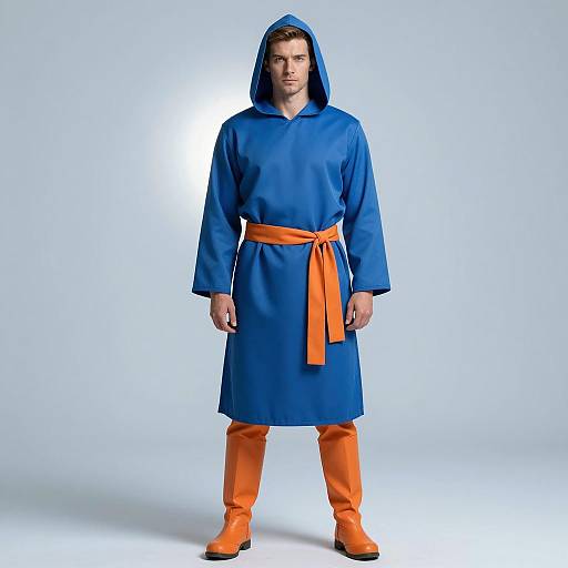 Man in Blue Hooded Robe with Orange Belt and Boots