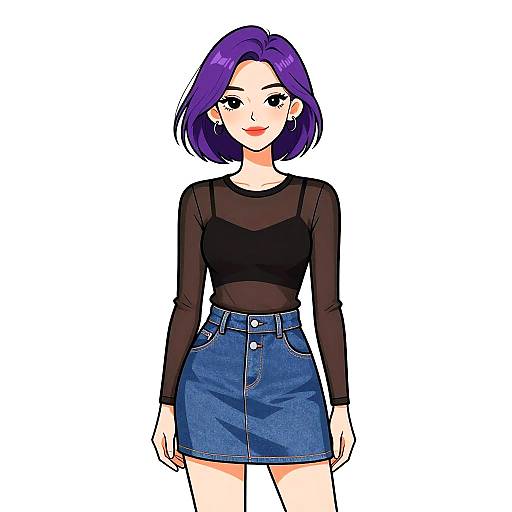 Digital anime-style drawing of a purple-haired woman with fair skin, wearing a black long-sleeve top and blue denim skirt, smiling against a white