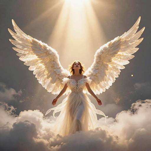 Angelic woman with radiant white wings and flowing gown, illuminated by divine sunlight, standing on fluffy clouds, ethereal and majestic.