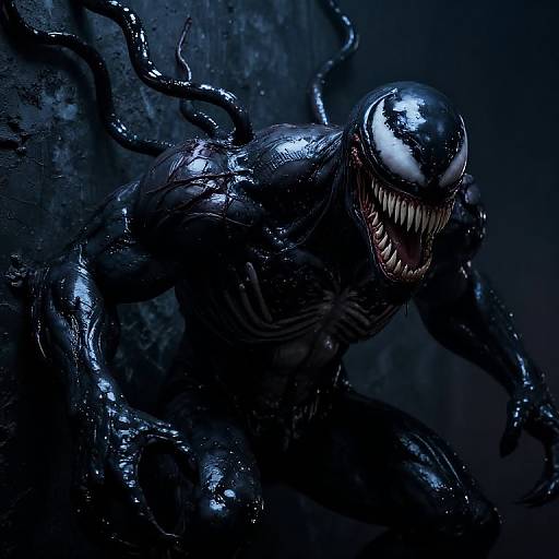 Photorealistic digital artwork of Venom, a black, glossy, muscular alien creature with a large, toothy grin and white, eye-like markings,