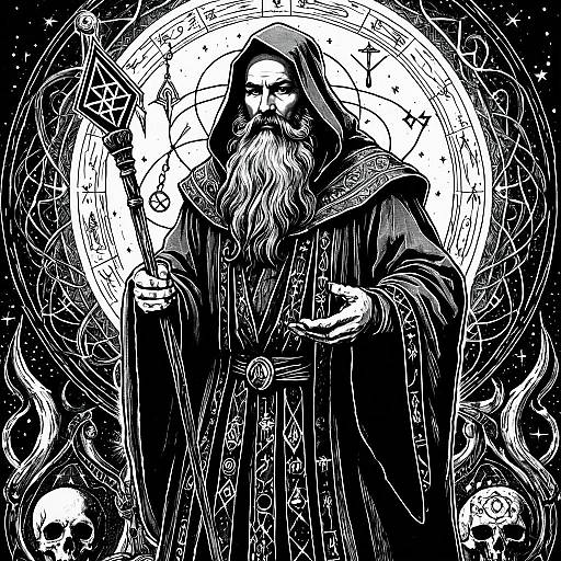 Enigmatic Alchemist in Ink Drawing