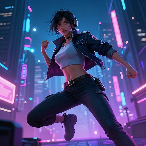 Digital art of a fierce, short-haired woman in a neon-lit city, wearing a black jacket, crop top, and pants, mid-kick