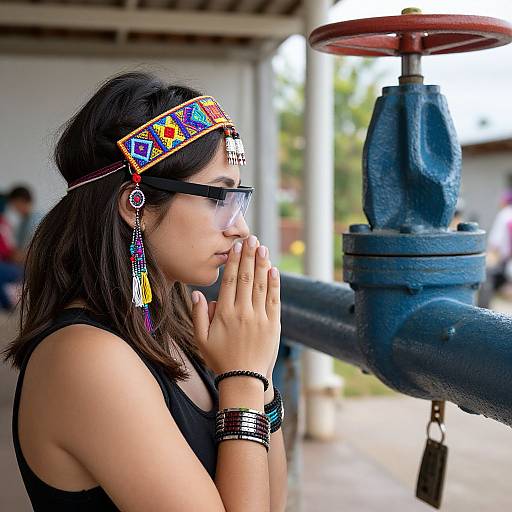 Photograph of a young woman with dark hair, wearing colorful headpiece, black sunglasses, and bracelets, praying beside a blue water pump.