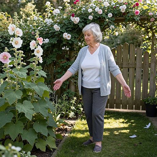 Photograph of an elderly woman with short white hair, wearing a white blouse, gray cardigan, and black pants, gently touching blooming roses in