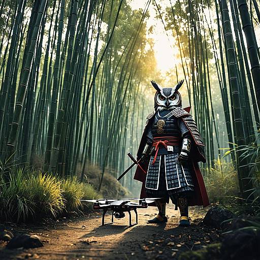 Samurai Owl with Racing Drone in Bamboo Forest
