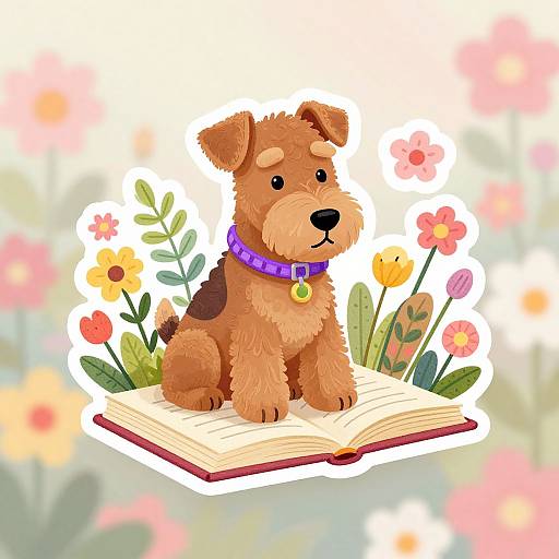 Cute, brown, cartoon puppy with a purple collar sitting on an open book surrounded by colorful flowers and green leaves.