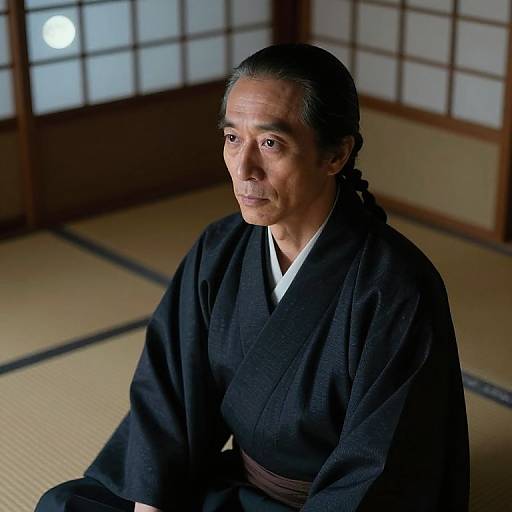 Photograph of a middle-aged Asian man with gray hair, wearing a black kimono, seated in a traditional Japanese room with shoji screens.