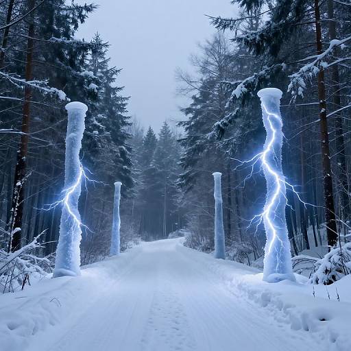 Photograph of a snow-covered forest path flanked by two glowing, blue-lit, icicle-like structures resembling lightning bolts, surrounded by snow-covered