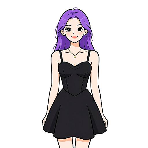 Digital anime-style drawing of a cute, purple-haired girl with black dress, small necklace, and smiling expression, standing against a white background.