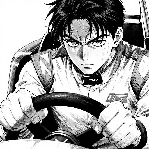 Black-and-white manga-style drawing of a determined, dark-haired man gripping a car steering wheel, wearing a racing suit with a logo. Intense expression