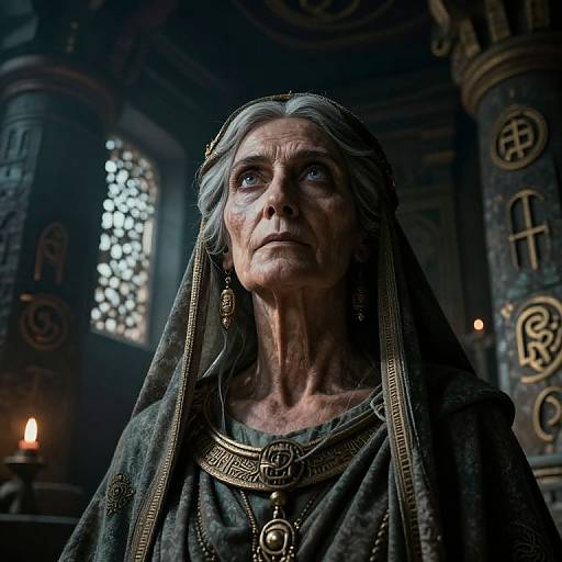 Photograph-style CGI of an elderly woman with gray hair, wearing a dark, ornate headscarf and necklace, in a dimly lit,