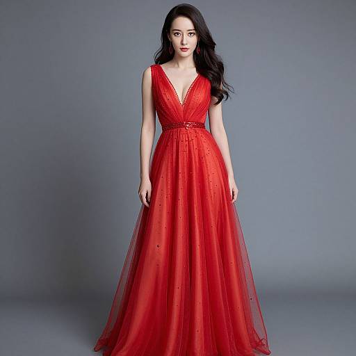Elegant Woman in Red Net Gown