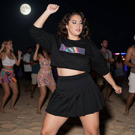 Photograph of a curvy woman with medium skin tone, wearing a black crop top and skirt, dancing at night under a full moon, surrounded by