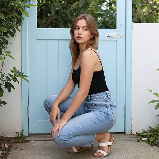 Photograph of a young white woman with light brown hair, wearing a black tank top and blue jeans, squatting in front of a light blue door