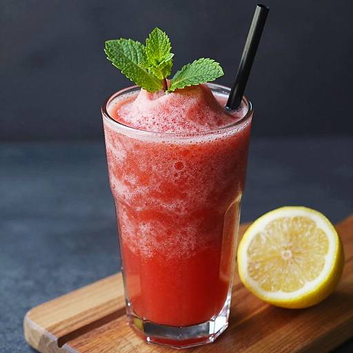 Photograph of a frothy red cocktail in a glass with a black straw, garnished with mint leaves, and a lemon slice on a wooden board