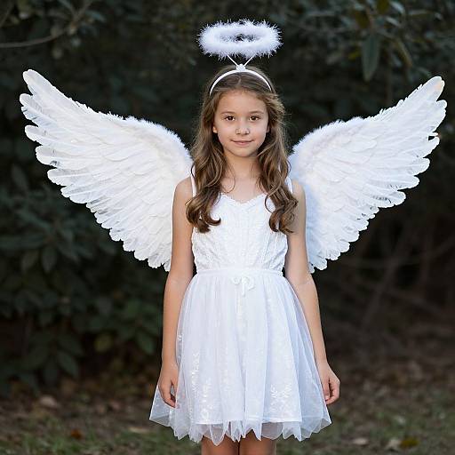 Photograph of a young girl with long brown hair, wearing a white angel dress, halo headband, and fluffy white wings, standing against a dark