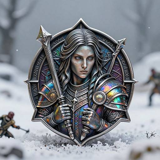 Digital art of a fierce, armored warrior with glowing, iridescent armor, holding a spear, set in a snowy forest. Artist: YK