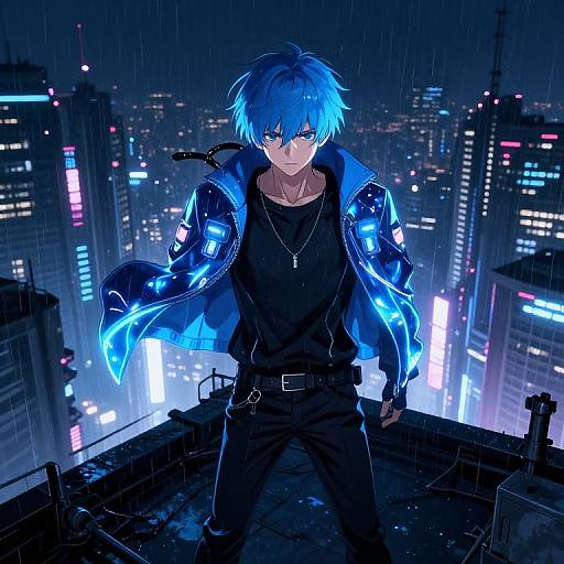 Digital anime artwork of a blue-haired, glowing-jacket-wearing, serious-eyed young man standing on a rooftop at night, surrounded by neon-lit