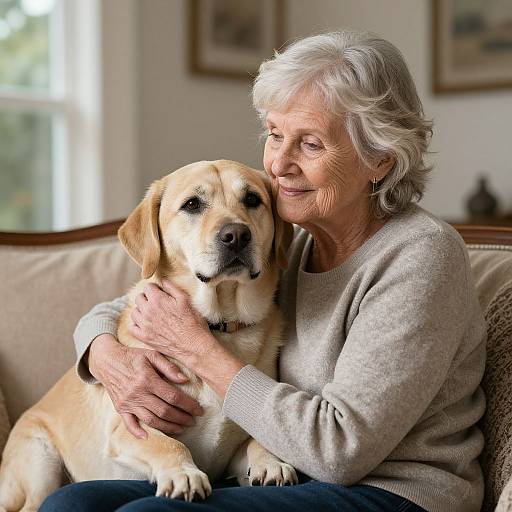 Photograph of an elderly white woman with short gray hair, wearing a beige sweater, hugging a yellow Labrador retriever on a beige couch in a