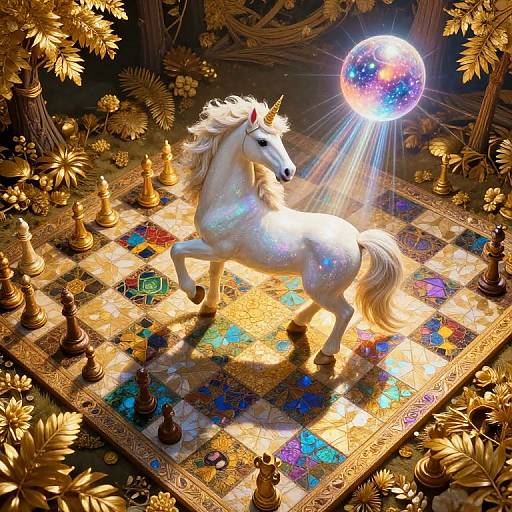 Surreal Unicorn on Golden Mosaic Board