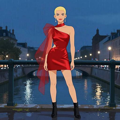 Digital anime-style drawing of a blonde woman in a red, one-shoulder dress with a sheer red bow, black boots, standing on a rainy