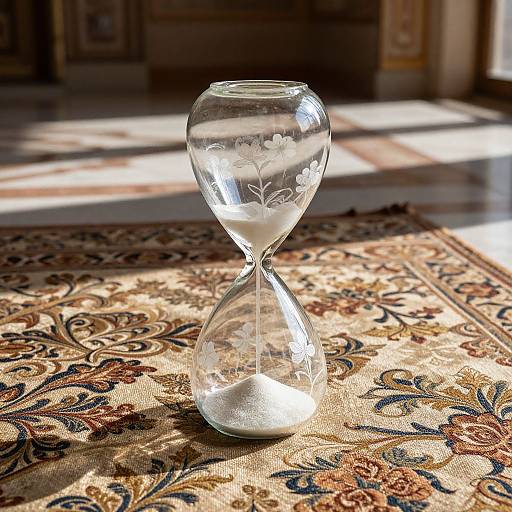 Photograph of a clear glass hourglass with white floral etching, standing on an ornate, patterned carpet in a sunlit room.
